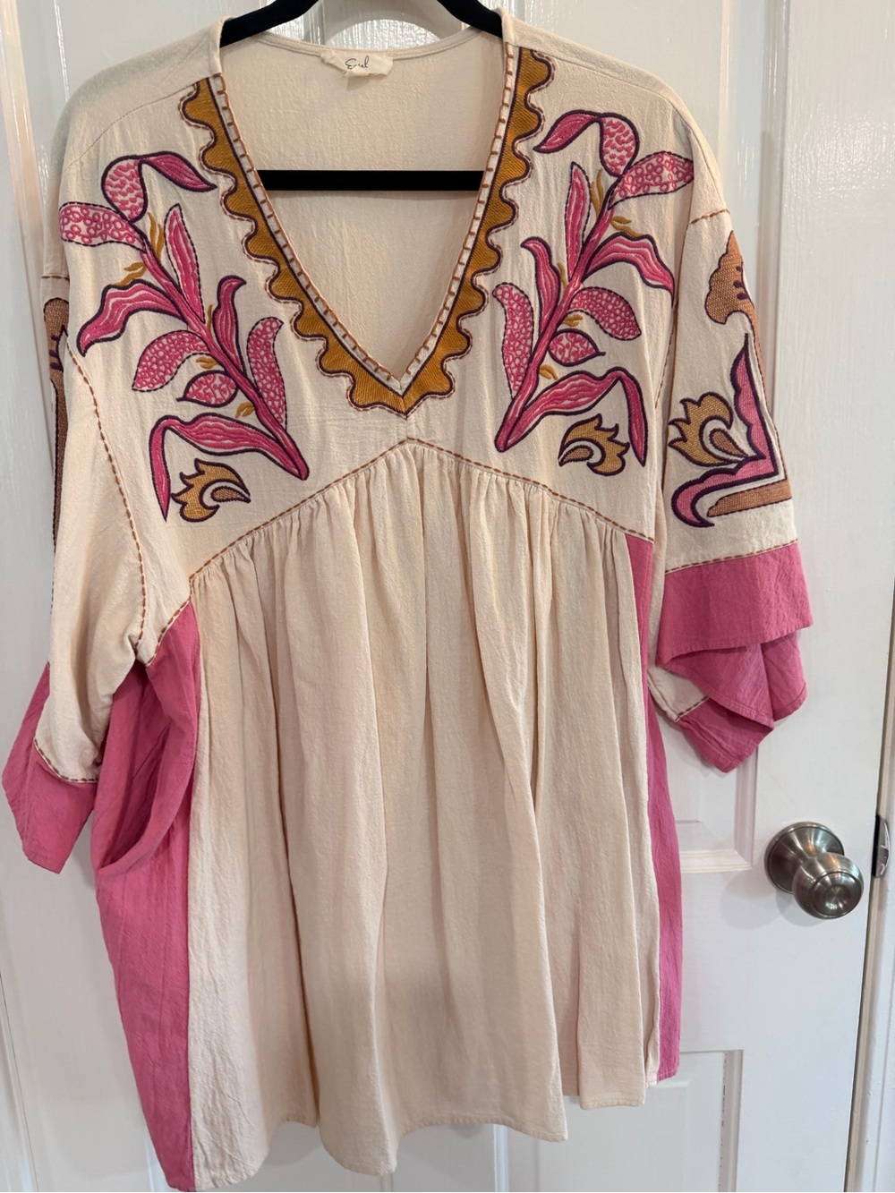 Embroidered V-Neck Boho Tunic Dress in Cream and Pink
